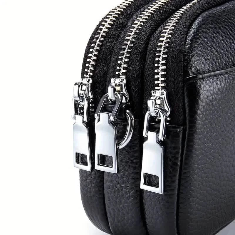 Genuine Leather Triple-Zip Crossbody Bag