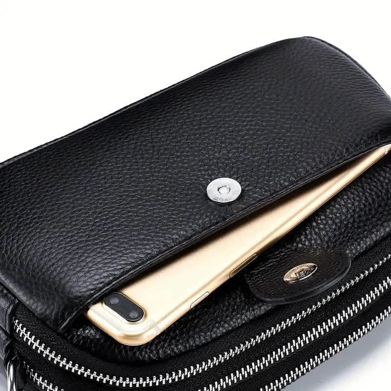 Genuine Leather Triple-Zip Crossbody Bag